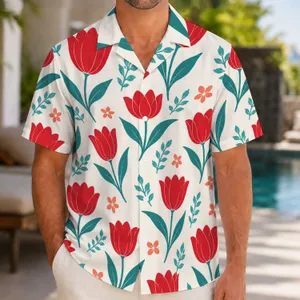 Red Tulip Garden Motifs for Sunny Resort Days and Weekend Getaways for Modern Men Hawaiian Shirt