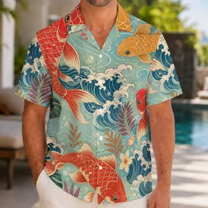 Crimson Koi Fish and Rolling Ocean Waves for Resort Evenings and Island Getaway Style Hawaiian Shirt