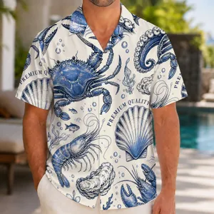 Navy Seafood Collection for Coastal Summer Gatherings and Beach Dining, Men’s Style Hawaiian Shirt