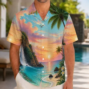 Tropical Waterfall Sunset Ocean Scene For Beach Vacations, Island Getaways And Summer Travel Hawaiian Shirt
