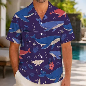 Blue Whale Ocean Scene for Beach Vacations and Coastal Getaways, Relaxed Men's Style Hawaiian Shirt