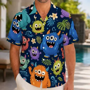 Colorful Cartoon Island Monsters for Beach Holidays and Resort Weekends for Men and Kids Hawaiian Shirt