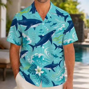 Ocean Shark Waves Beach Vacation Gift for Men, Coastal Sea Life Lovers and Surfers Hawaiian Shirt