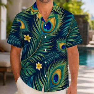 Peacock Feather and Tropical Frond Motif for Resort Getaways and Summer Beach Style Hawaiian Shirt