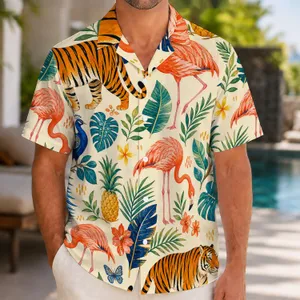 Tropical Flamingos, Tigers and Parrots for Resort Vacations and Beach Getaways for Men Hawaiian Shirt