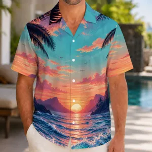 Tropical Sunset Ocean Waves and Palm Trees for Beach Vacations and Island Getaways Hawaiian Shirt