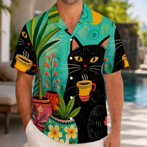 Black Cat Tropical Tea Garden Scene for Beach Vacations and Summer Lounging Gift Hawaiian Shirt