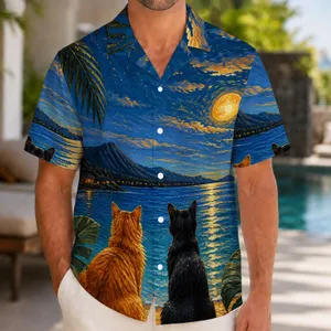 Orange and Black Cat Moonlit Lagoon Scene for Beach Getaways and Summer Vacations Hawaiian Shirt