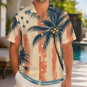 American Flag Coconut Palms for Fourth of July Beach Days and Island Vacation Getaways Hawaiian Shirt