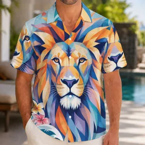 Bold Geometric Lion Portrait for Tropical Getaways and Summer Resort Style for Men Hawaiian Shirt