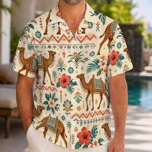 Camel Caravan and Tropical Blooms for Sunny Resort Escapes, Boho Vacation Travelers Hawaiian Shirt