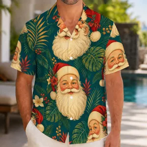 Santa Claus Evergreen Holiday Faces for Tropical Christmas Celebrations and Gift Giving Hawaiian Shirt