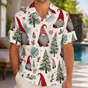 Christmas Gnome and Evergreen Tree Motifs for Holiday Gatherings, Men’s Festive Style Hawaiian Shirt