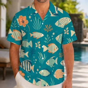 Geometric White Tropical Fish for Beach Holidays and Island Getaways, Men's Summer Style Hawaiian Shirt