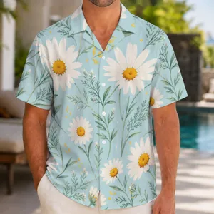 White Daisy Meadow with Golden Centers for Sunny Resort Getaways and Everyday Men Hawaiian Shirt