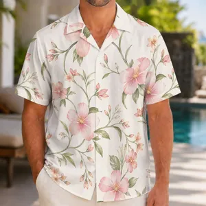 Soft Pink Blossom Garden Motifs for Beach Vacations and Resort Weekends, Modern Men Hawaiian Shirt
