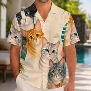 Playful Cat Faces with Tropical Leaves for Beach Days, Vacations, and Casual Outings Hawaiian Shirt