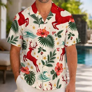 Red Reindeer With Palm Fronds for Tropical Holiday Gatherings and Festive Vacations Hawaiian Shirt