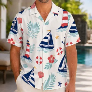 Nautical Sailboats, Anchors and Lifebuoys for Coastal Vacations and Summer Weekends Hawaiian Shirt