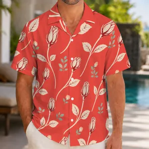 Red Rosebud Vines for Beach Vacations and Resort Weekends, Men’s Summer Wear Hawaiian Shirt