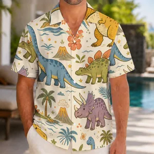 Playful Dinosaur Island Motifs for Summer Vacation Adventures and Family Beach Days Hawaiian Shirt