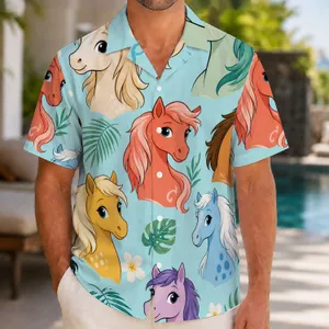Colorful Pony Heads for Tropical Vacations and Beach Days, Youthful Horse Lovers Hawaiian Shirt