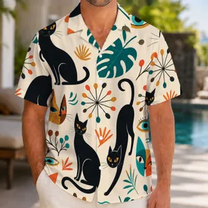Abstract Cat Faces and Retro Ocean Eyes for Beach Holidays and Resort Weekends Style Hawaiian Shirt