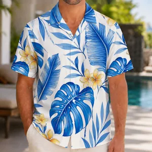 Blue Tropical Palm Leaves and Golden Plumeria for Beach Vacation Style Men Summer Hawaiian Shirt
