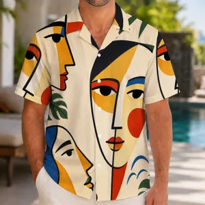 Abstract Cubist Faces Beach Vacation Style for Men Summer Resort Getaway Travel Looks Hawaiian Shirt