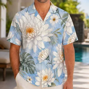 White Chrysanthemum Blooms With Apricot Centers For Beach Vacations And Men's Summer Style Hawaiian Shirt