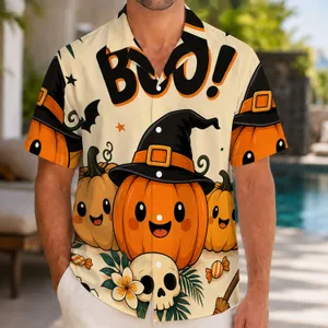 Smiling Halloween Pumpkins and Witch Hat for Festive Parties and Beach Vacation Gatherings Hawaiian Shirt