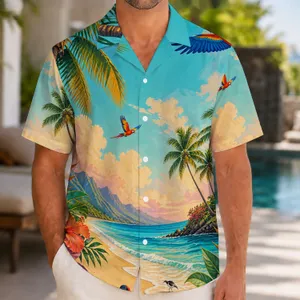 Tropical Beach Birds And Palm Cove For Sunny Vacation Days, Island Travel, And Men Hawaiian Shirt