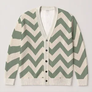 Sage Ivory Chevron Layers for Relaxed Spring Travel Style in Extended Sizes, Plus Size All-over Print Knitted Cardigan