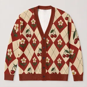 Cherry Floral Argyle Style for Autumn Dates and Vacations, Women’s Vintage Layering All-over Print Knitted Cardigan