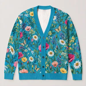 Blue Wildflower Bouquet Style for Spring Layering and Relaxed Everyday Outfits, Women All-over Print Knitted Cardigan