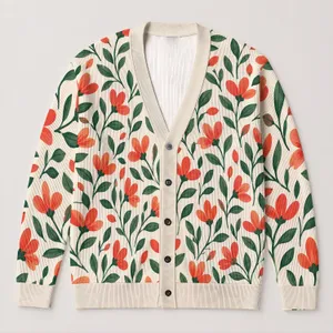 Coral Wildflower And Deep Green Leaf Motif For Casual Spring Layering And Everyday Wear All-over Print Knitted Cardigan