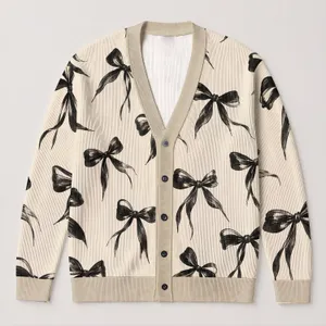 Black Ink Bow Motifs for Elegant Autumn Layering and Daily Vacation Style for Women All-over Print Knitted Cardigan