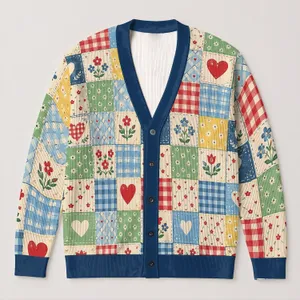 Colorful Heart Patchwork Motifs for Casual Layering, Spring Outings, And Date Days All-over Print Knitted Cardigan