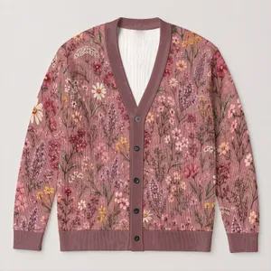 Delicate Wildflower Blooms for Autumn Layering and Vacation Date Looks for Women All-over Print Knitted Cardigan