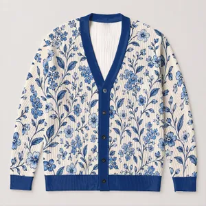 Vintage Blue Botanical Florals For Autumn Layering And Vacation Style, Casual Elegant Women All-over Print Knitted Cardigan