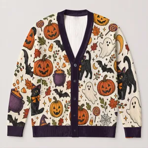 Halloween Pumpkins, Black Cats And Witch Hats For Autumn Gatherings, Women's Style All-over Print Knitted Cardigan