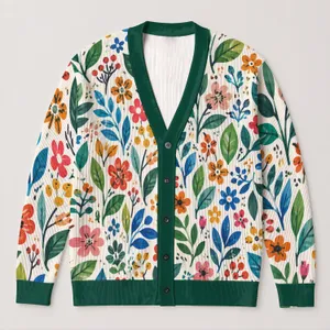 Colorful Botanical Leaf Motifs for Casual Autumn Layering and Everyday Women’s Style All-over Print Knitted Cardigan