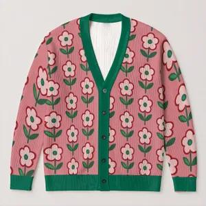 Red Flower Green Leaf Botanical Style For Autumn Vacation And Everyday Layering For Women All-over Print Knitted Cardigan