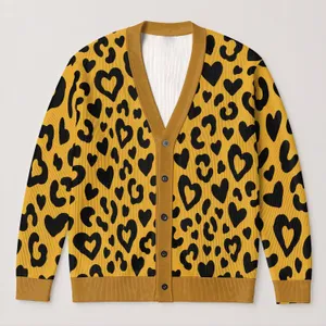 Mustard Heart Leopard Motif For Date Nights And Weekend Getaways With Everyday Charm All-over Print Knitted Cardigan
