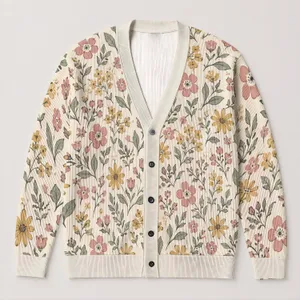 Pastel Botanical Flowers And Leaves For Spring Vacation Layering, Plus Size Women All-over Print Knitted Cardigan