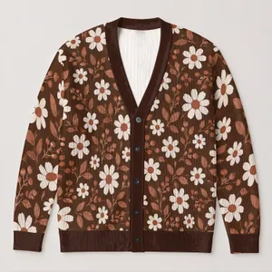 White Daisy Floral Brown Autumn Layering Look for Women, Vintage Casual Weekend Style All-over Print Knitted Cardigan