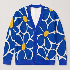 Blue Yellow Abstract Floral Motifs For Vacation Layering And Everyday Style For Women All-over Print Knitted Cardigan