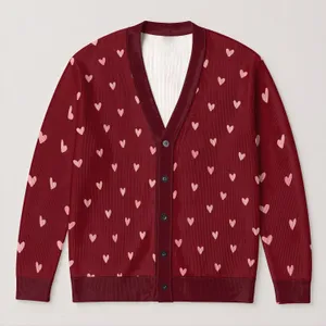 Blush Hearts on Wine Red for Romantic Weekends and Everyday Women's Layering Style All-over Print Knitted Cardigan