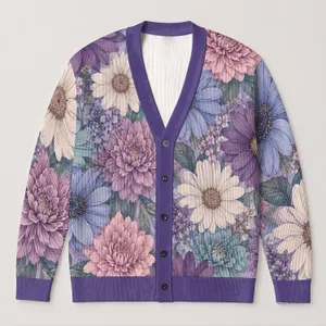 Lavender Blue Floral Blooms For Elegant Vacation Layering And Relaxed Everyday Style All-over Print Knitted Cardigan