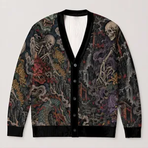 Japanese Oni Yokai Demon Motifs for Gothic Layering and Samurai-Inspired Streetwear All-over Print Knitted Cardigan